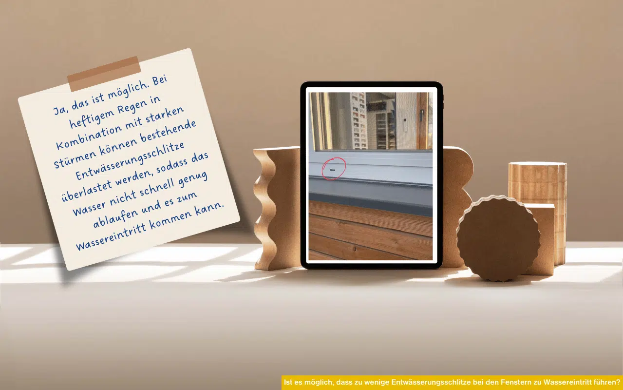 Zu wenige oder überlastete Entwässerungsschlitze können bei Starkregen zu Wassereintritt führen. Eine Fachfirma sollte prüfen, ob zusätzliche Schlitze nötig sind, um den Wasserabfluss sicherzustellen und Schäden zu vermeiden.