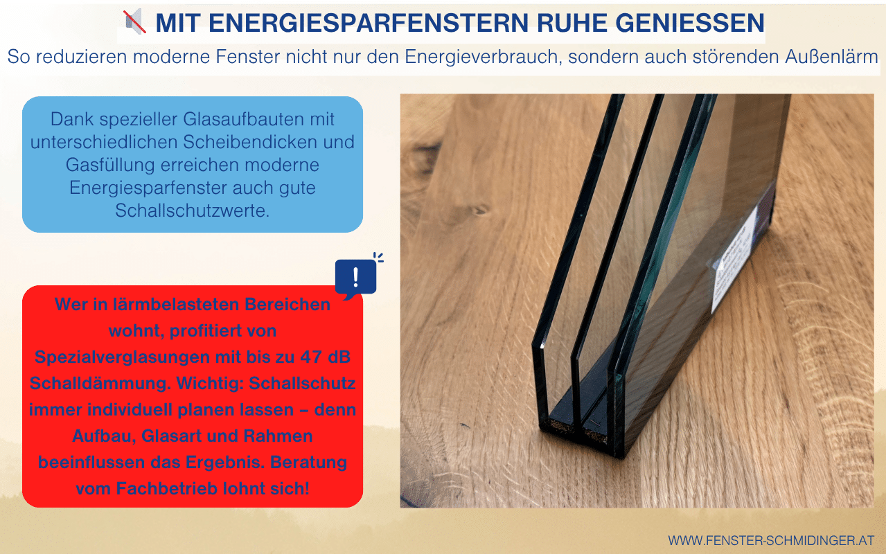 Die Infografik zeigt ein dreifach verglastes Fenster im Querschnitt auf einer Holzoberfläche. Textfelder erläutern, dass Energiesparfenster durch spezielle Glasaufbauten und unterschiedliche Scheibendicken bis zu 47 dB Schallschutz erreichen können.