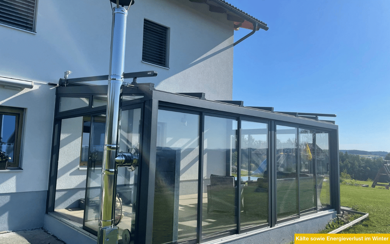 Moderner Wintergarten mit dunklem Aluminiumrahmen und großflächigen Glaswänden, angebaut an ein Einfamilienhaus. Im Vordergrund ist ein glänzendes Edelstahlrohr für einen Kamin zu sehen, im Inneren stehen Möbel.