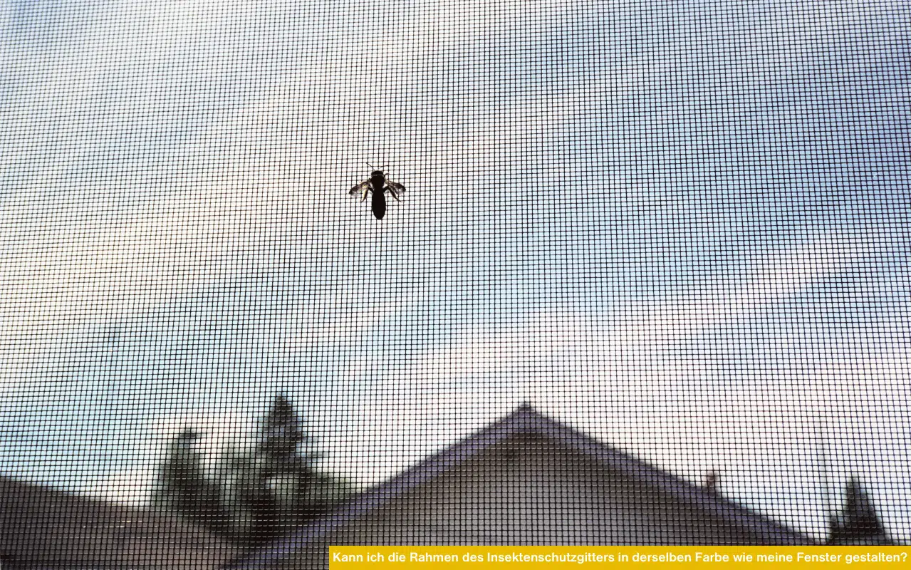 Das Foto zeigt eine Nahaufnahme eines feinmaschigen Insektenschutzgitters. Eine einzelne Fliege sitzt auf dem Gitter, im Hintergrund sind Hausdächer und Bäume unscharf erkennbar.