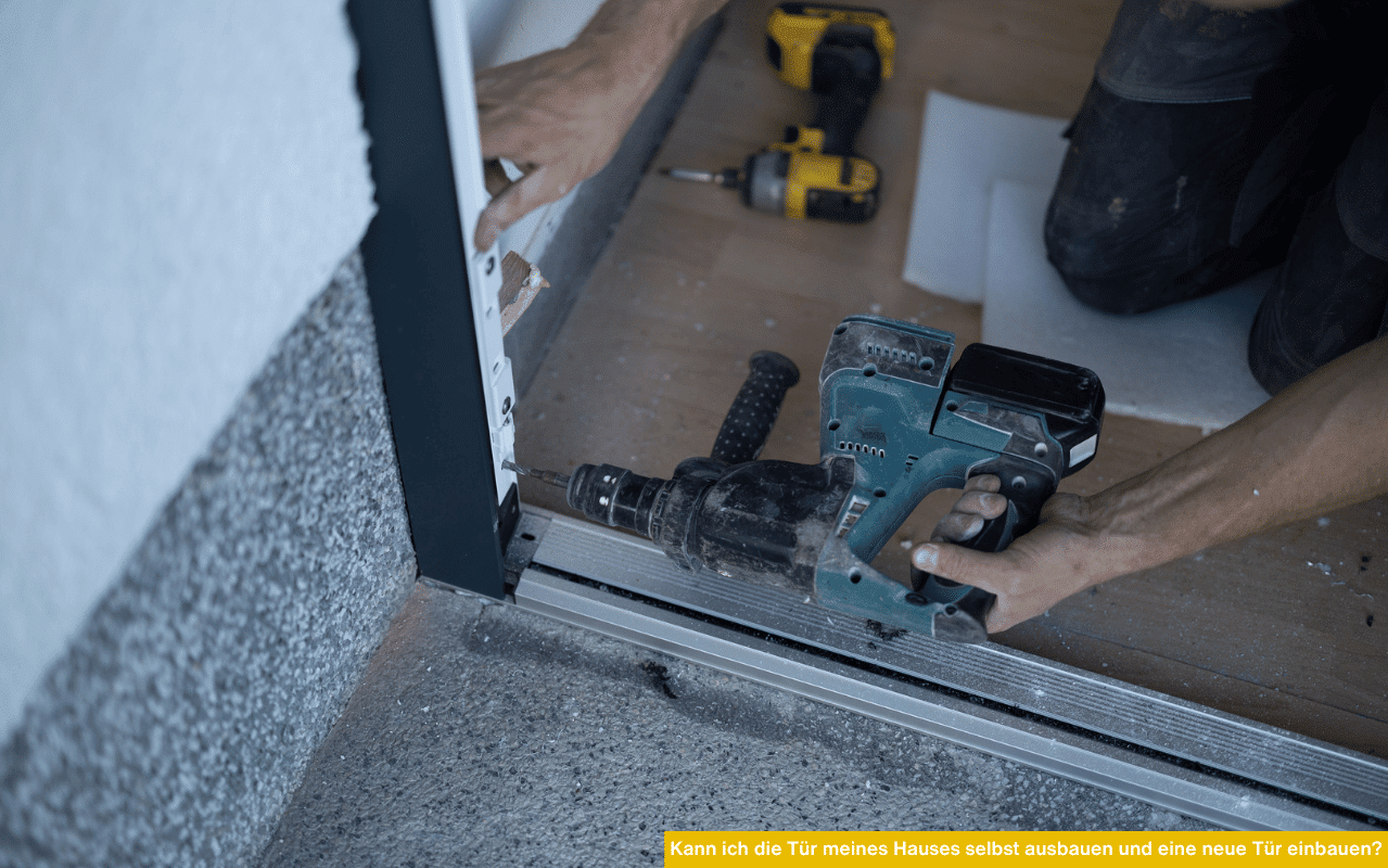 Kann ich die Tür meines Hauses selbst ausbauen und eine neue Tür einbauen Handwerker montiert Haustür mit Bohrmaschine