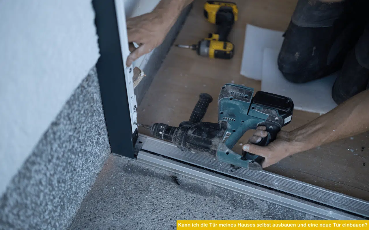 Kann ich die Tür meines Hauses selbst ausbauen und eine neue Tür einbauen Handwerker montiert Haustür mit Bohrmaschine