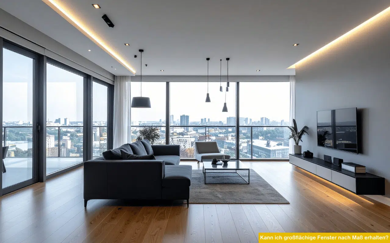 Kann ich großflächige Fenster nach Maß erhalten? Modernes Wohnzimmer mit bodentiefen Panoramafenstern und Stadtblick