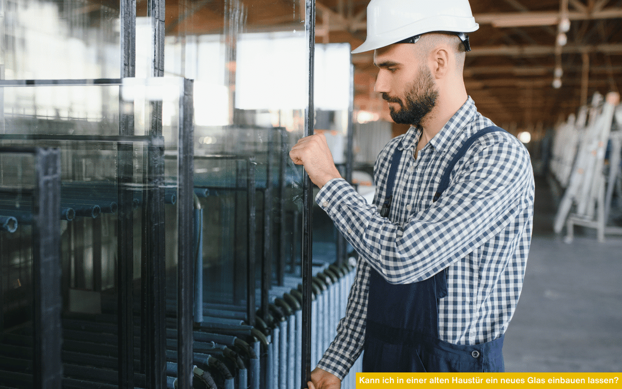 Kann ich in einer alten Haustür ein neues Glas einbauen lassen Handwerker mit Helm kontrolliert große Glasscheiben in einer Werkhalle.