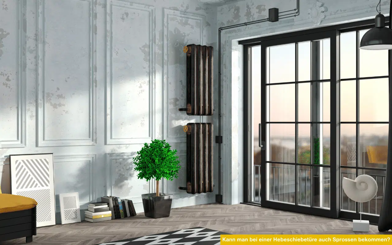 Kann man bei einer Hebeschiebetüre auch Sprossen bekommen Moderne schwarze Hebeschiebetür mit eleganten Sprossen im Wohnraum