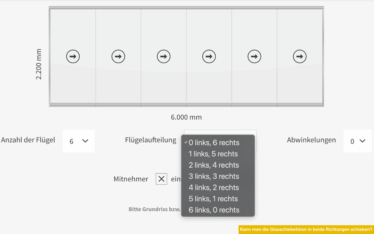 Darstellung einer 6-flügeligen Glasschiebetür mit Auswahloptionen für unterschiedliche Flügelaufteilungen und Öffnungsrichtungen.