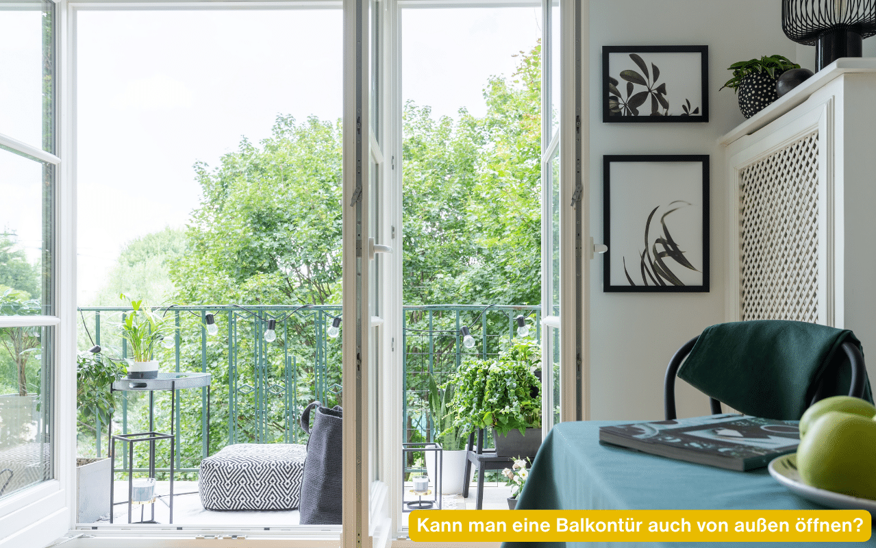 Kann man eine Balkontür auch von außen öffnen? Geöffnete Balkontür führt vom Wohnraum auf einen begrünten Balkon