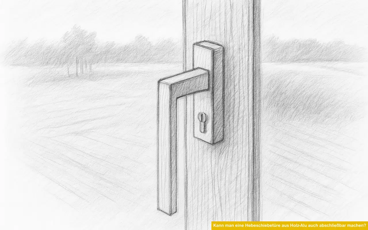 Detailzeichnung eines Türgriffs an einer Hebeschiebetüre aus Holz-Alu, der optional mit einem Schloss ausgestattet werden kann.