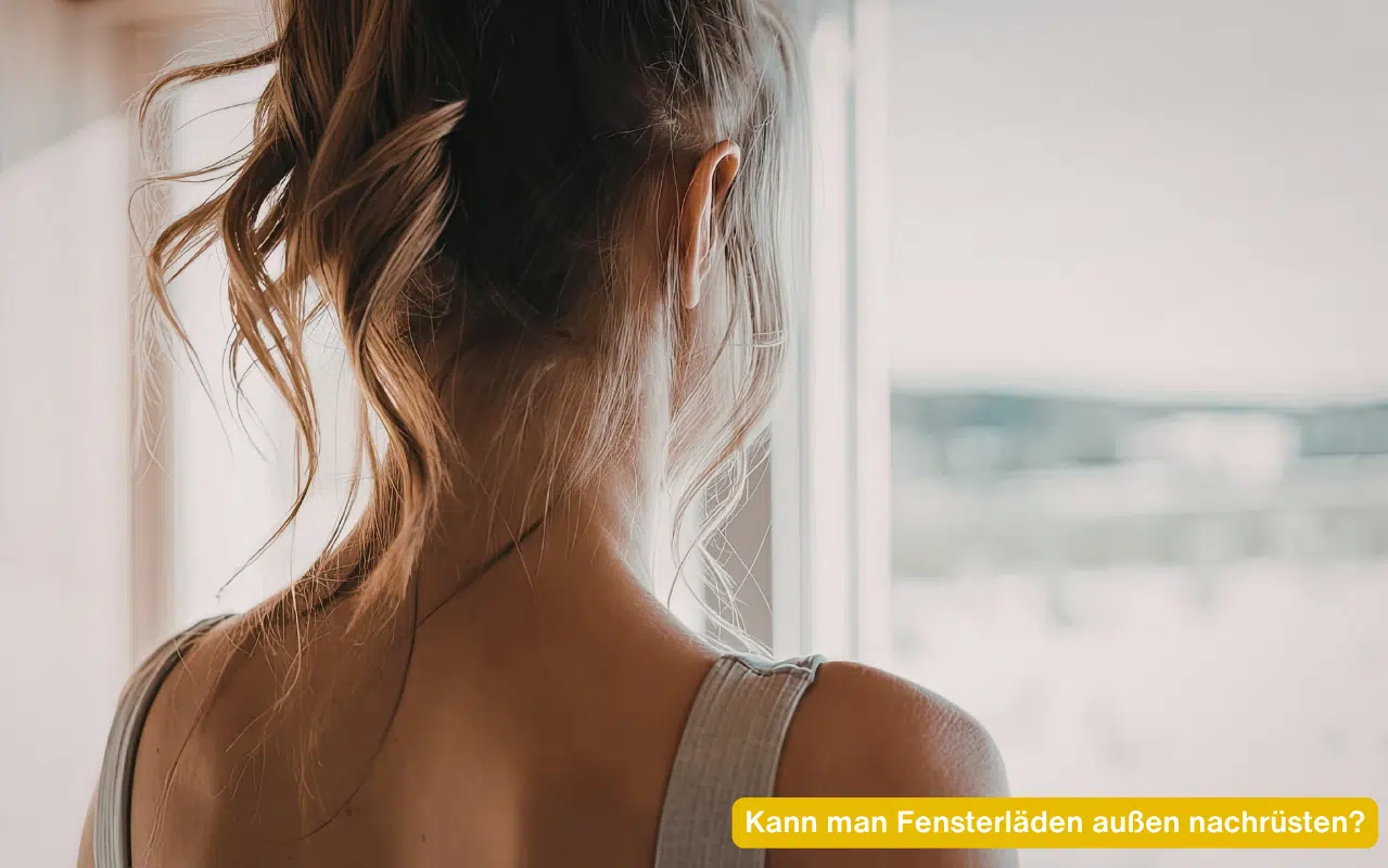 Rückansicht einer Person am Fenster. Bei der Frage Kann man Fensterläden außen nachrüsten? spielt die Fassade eine Rolle.