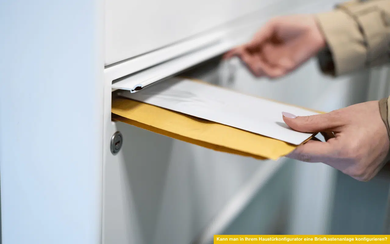Kann man in Ihrem Haustürkonfigurator eine Briefkastenanlage konfigurieren? Nahaufnahme von Hand beim Briefeinwurf.