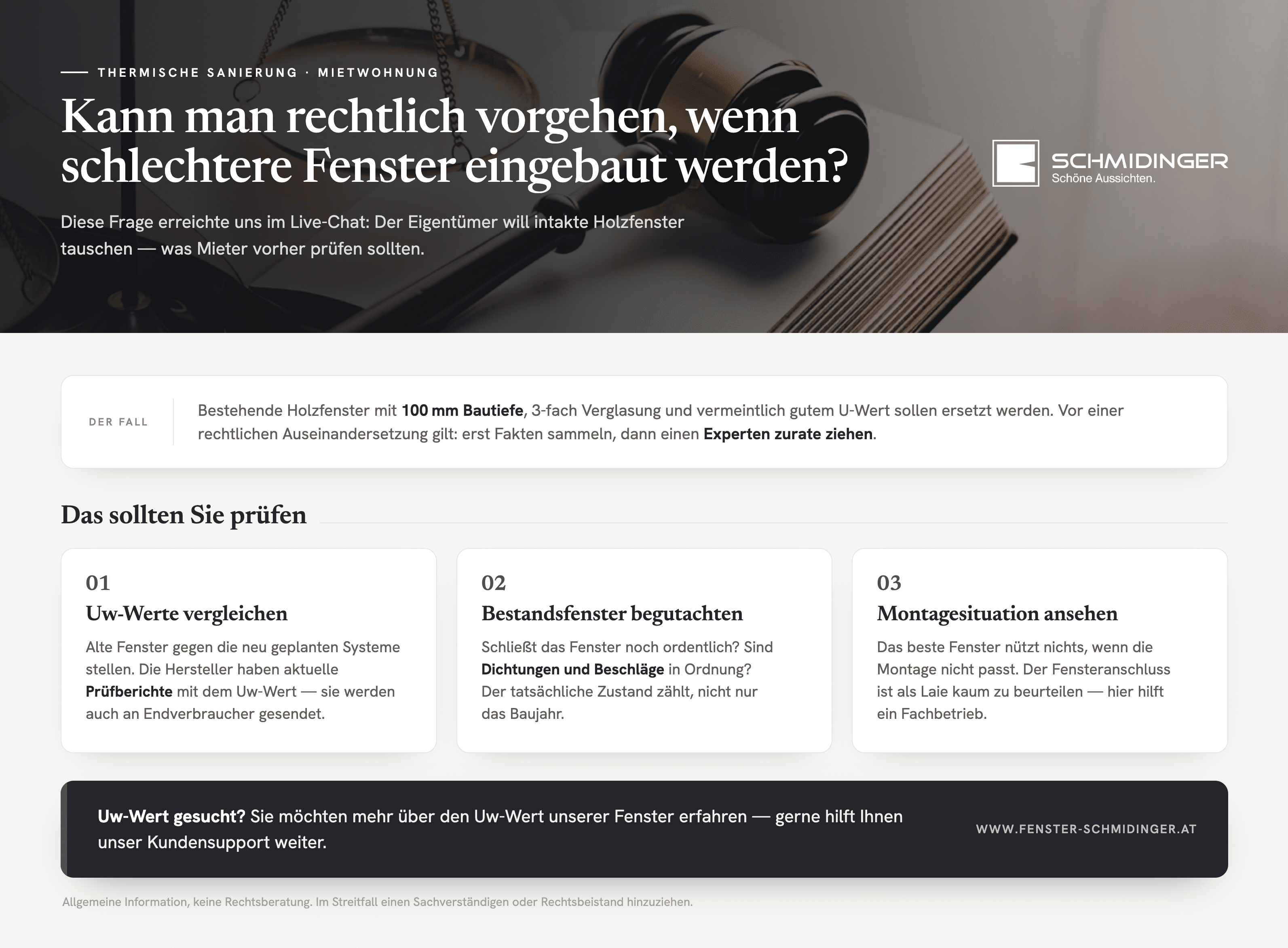 Kann man rechtlich vorgehen, wenn schlechtere Fenster eingebaut werden? Infografik mit Prüfpunkten
