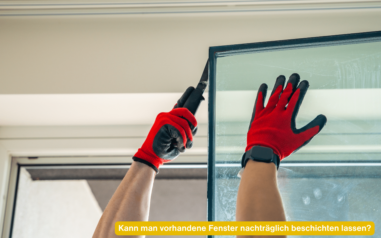 Kann man vorhandene Fenster nachträglich beschichten lassen? Hände mit Arbeitshandschuhen setzen eine Glasscheibe in den Fensterrahmen