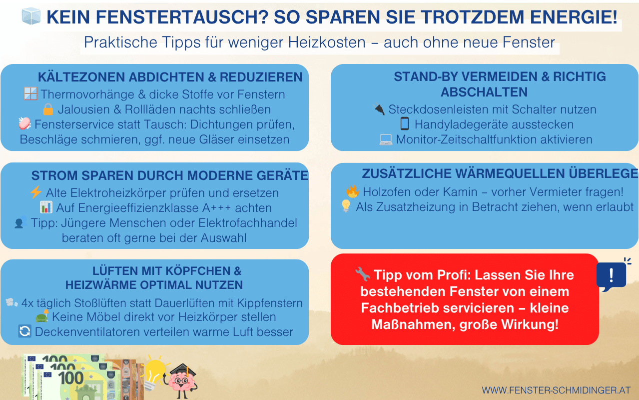 Kein Fenstertausch? So sparen Sie trotzdem Energie! Praktische Infografik mit 5 Tipps zur Heizkostenreduktion ohne neue Fenster.