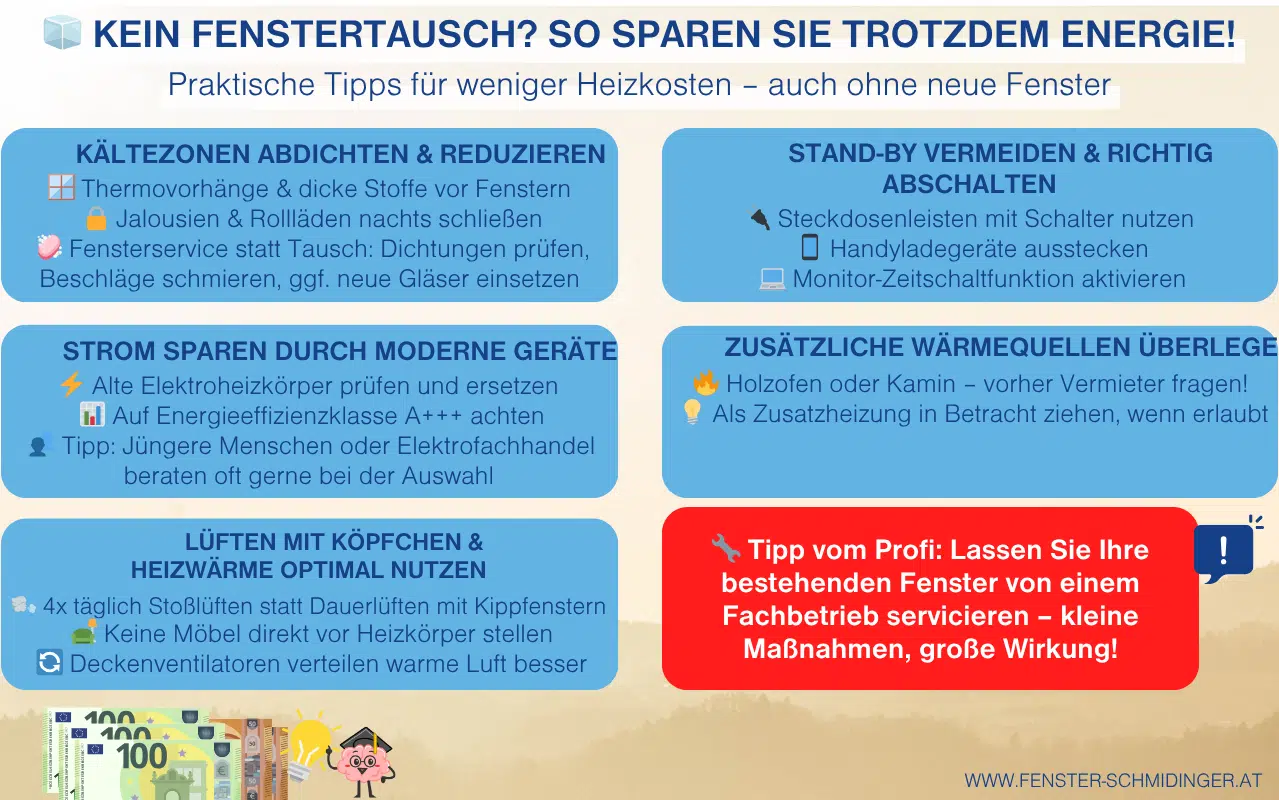 Kein Fenstertausch? So sparen Sie trotzdem Energie! Praktische Infografik mit 5 Tipps zur Heizkostenreduktion ohne neue Fenster.