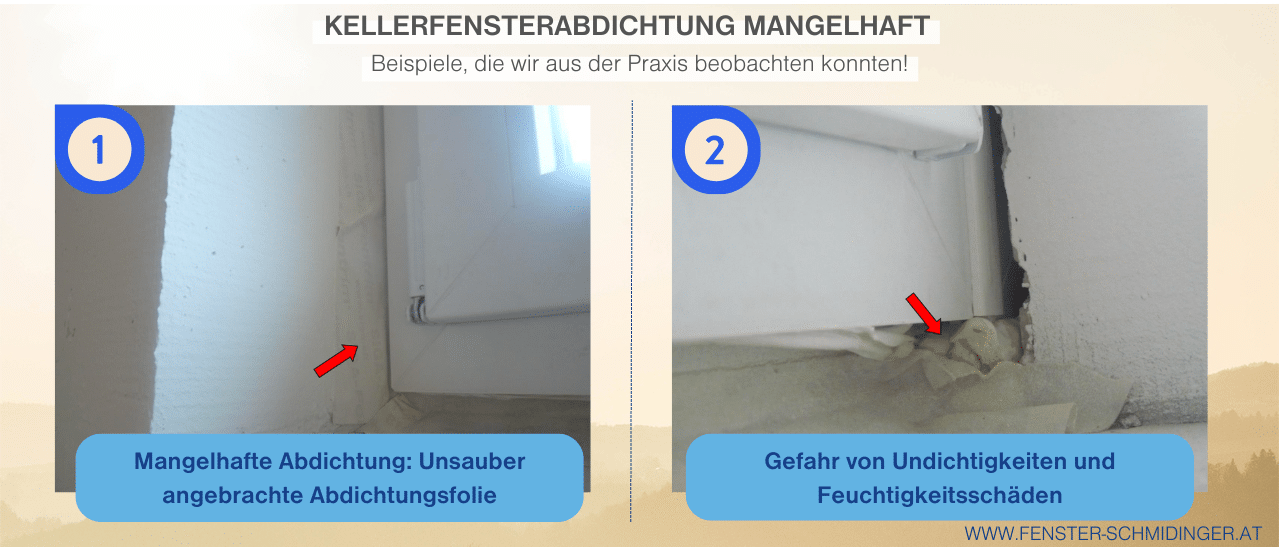 Kellerfenster abdichten: Unsachgemäß angebrachte Abdichtungsfolie kann zu Feuchtigkeitsschäden und Undichtigkeiten führen.