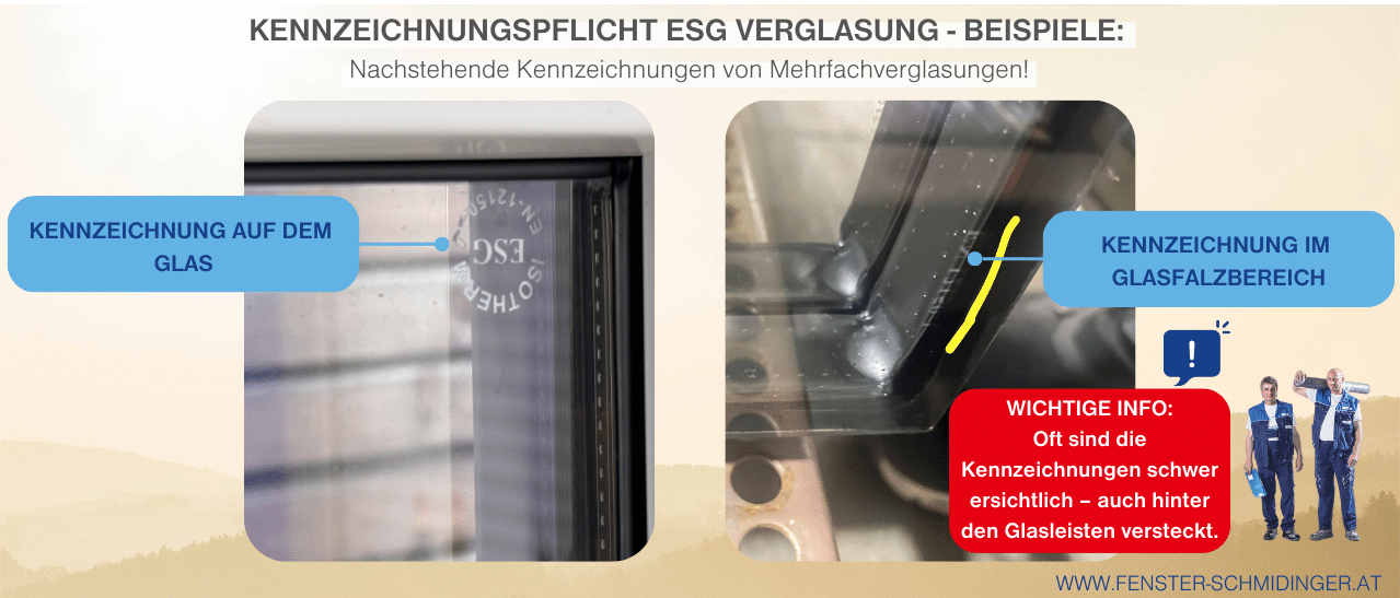 Kennzeichnung von ESG-Sicherheitsglas: Eingebrannter Stempel mit Herstellername und Normnummer EN 12150, optional an der Scheibenkante.