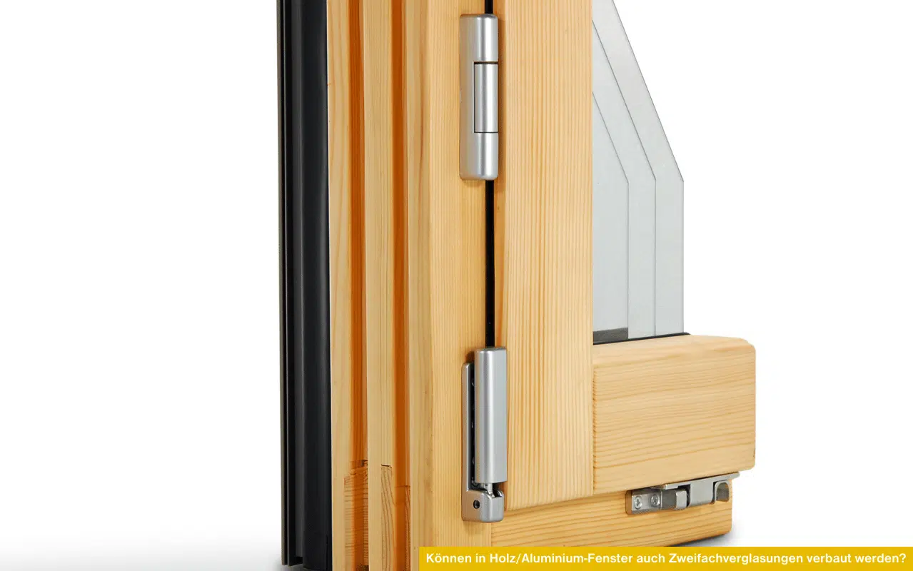 Können in Holz Aluminium Fenster auch Zweifachverglasungen verbaut werden Detail eines Holz Alu Fensters mit Isolierglas und Beschlag
