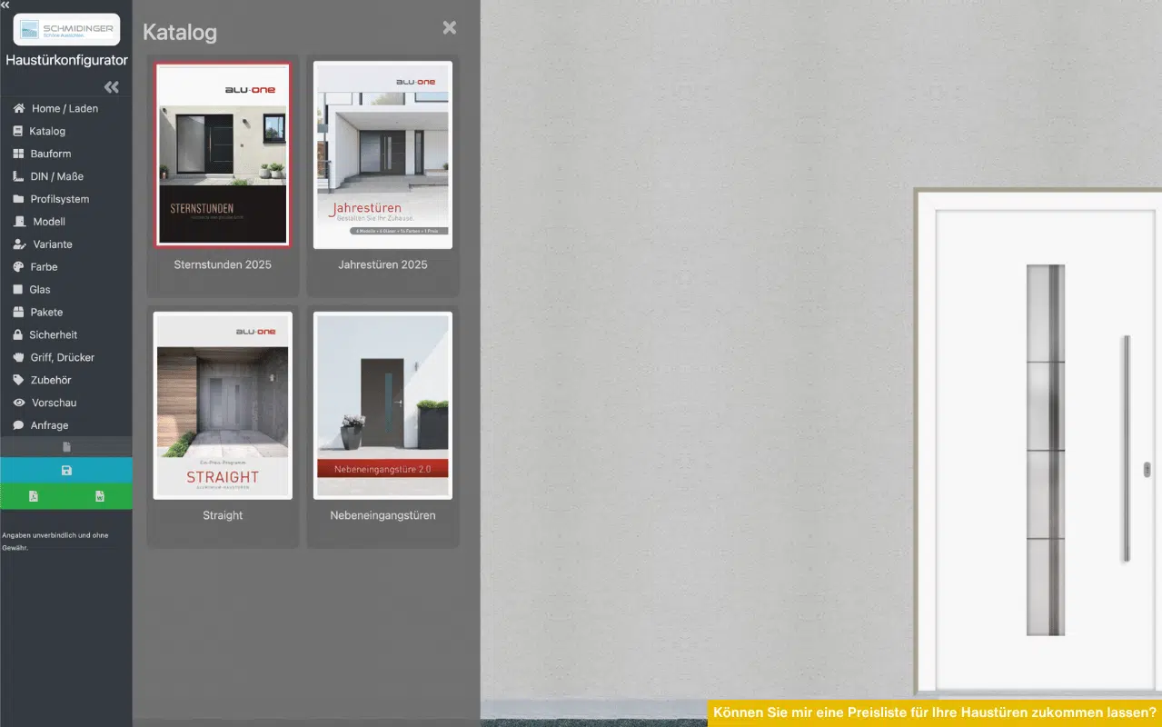 Ein digitaler Haustürkonfigurator zeigt verschiedene Haustürmodelle zur Auswahl. Rechts wird eine konfigurierte weiße Tür mit Glasstreifen dargestellt.