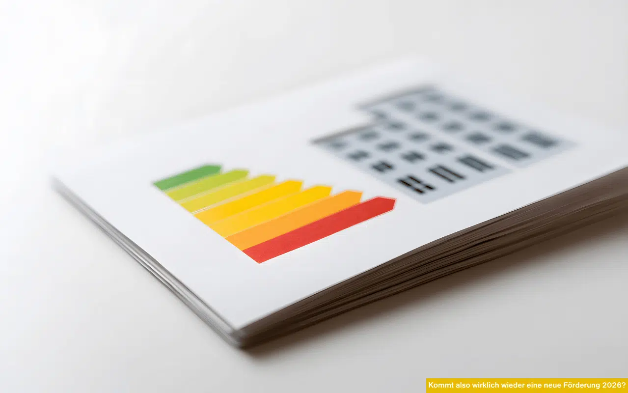 Kommt also wirklich wieder eine neue Förderung 2026 zeigt Energieeffizienz-Dokument mit Farbbalken und Gebäudeabbildung als Symbol für Sanierungsförderung.