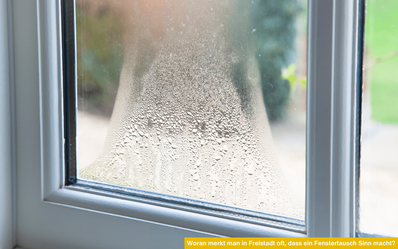 Nahaufnahme eines beschlagenen Fensters mit Kondenswasser. Anzeichen für einen nötigen Fenstertausch in Freistadt.