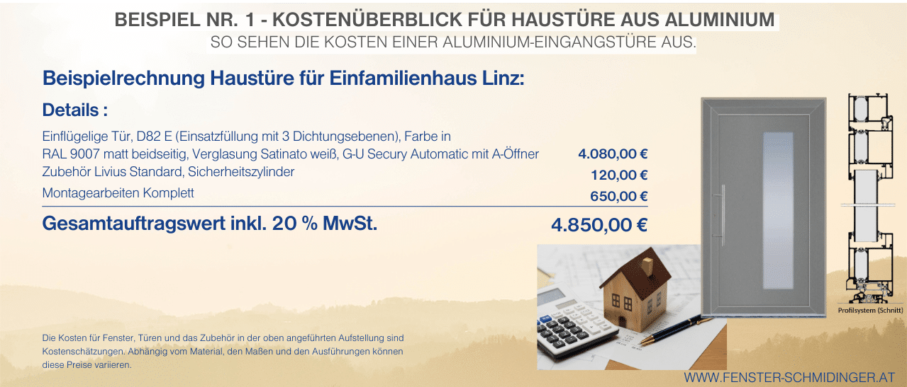 Kostenüberblick für Haustür aus Aluminium mit detaillierter Kostenaufstellung für Aluminium-Eingangstüre.