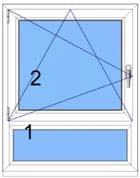 Skizze einer Fensterart mit 1-teiligem Küchenfenster und festverglastem Unterlicht aus weißem Kunststoff.