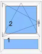 Skizze einer Fensterart mit 1-teiligem Küchenfenster und festverglastem Unterlicht aus weißem Kunststoff.