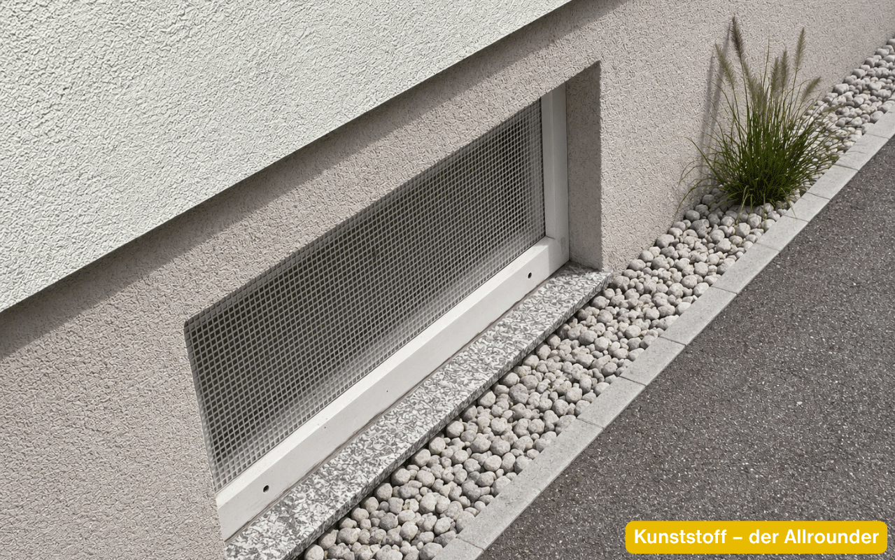 Kunststoff – der Allrounder als weißes Kellerfenster mit Gitter im Sockel eines Hauses