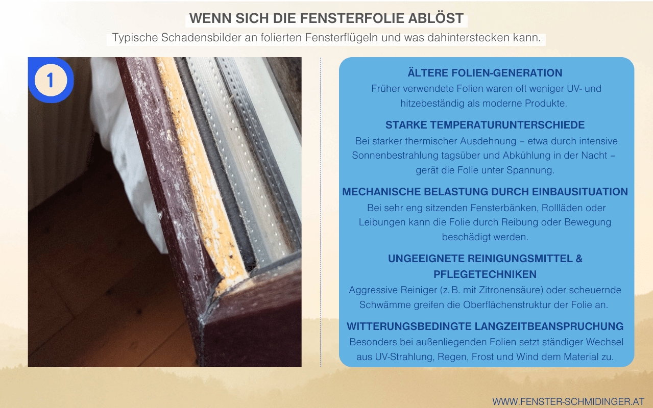 Kunststoff-Fenster Probleme durch abgelöste Folie infolge UV-Strahlung, Temperaturwechsel, falscher Reinigung oder Montage.