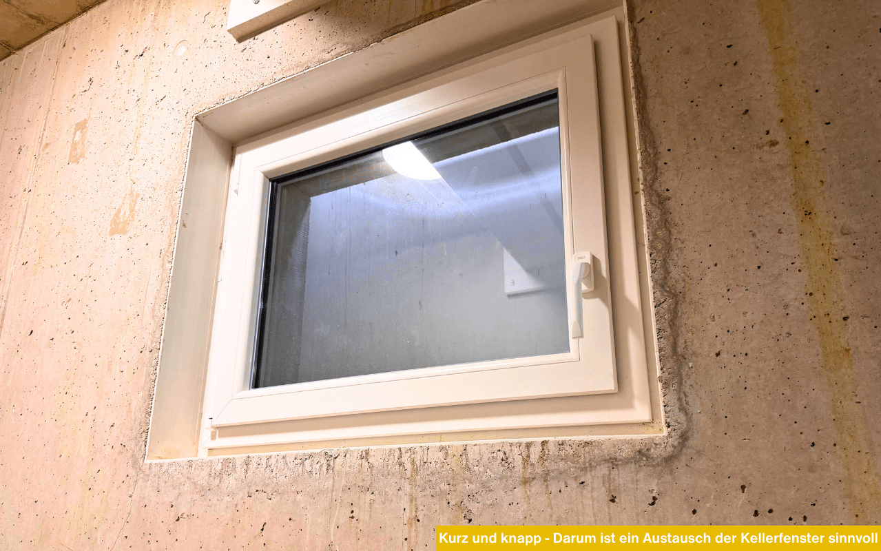 Kurz und knapp - Darum ist ein Austausch der Kellerfenster sinnvoll. Modernes, weißes Kunststofffenster in Betonwand.