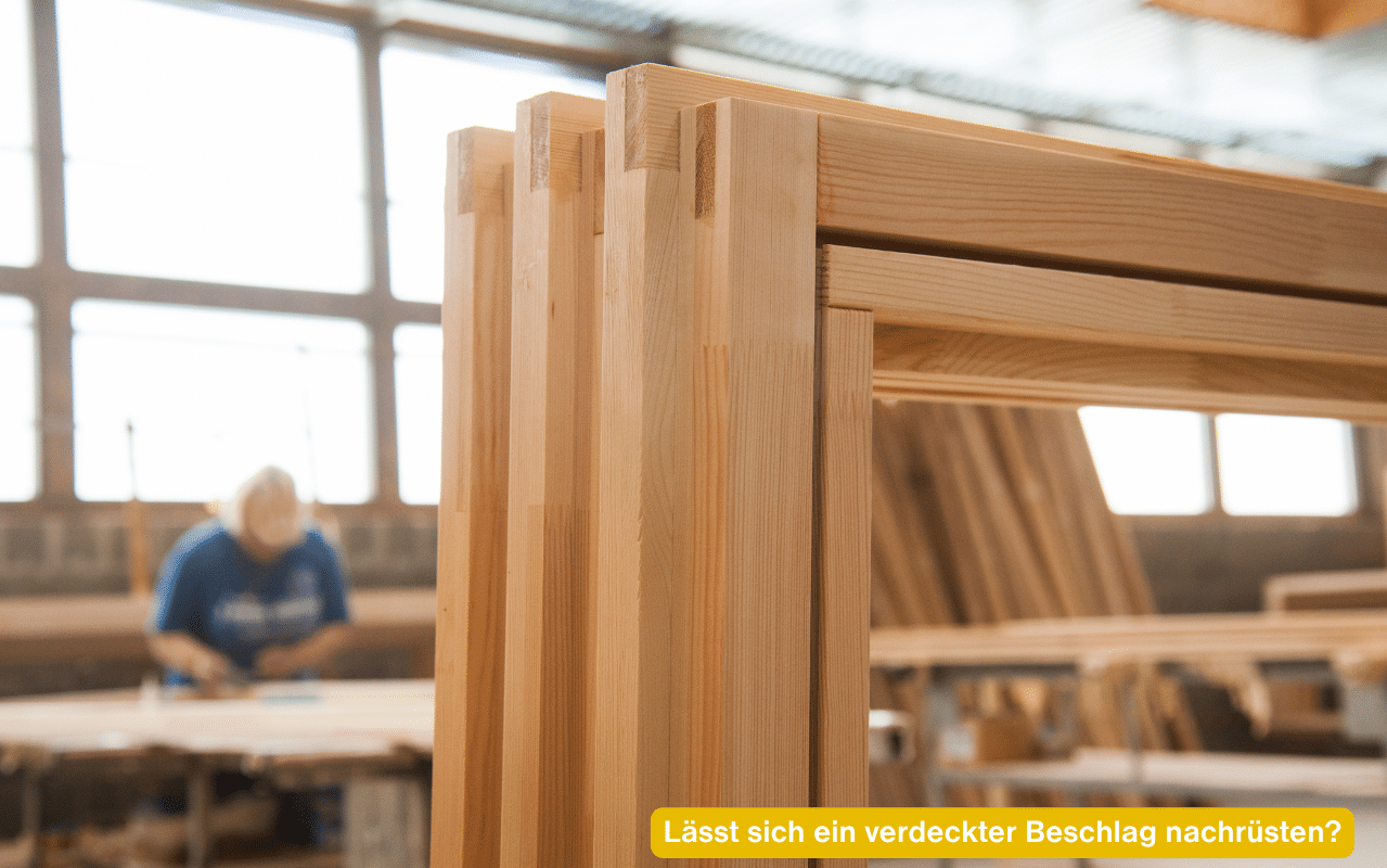 Lässt sich ein verdeckter Beschlag nachrüsten? Holzfensterrahmen in einer Produktionshalle
