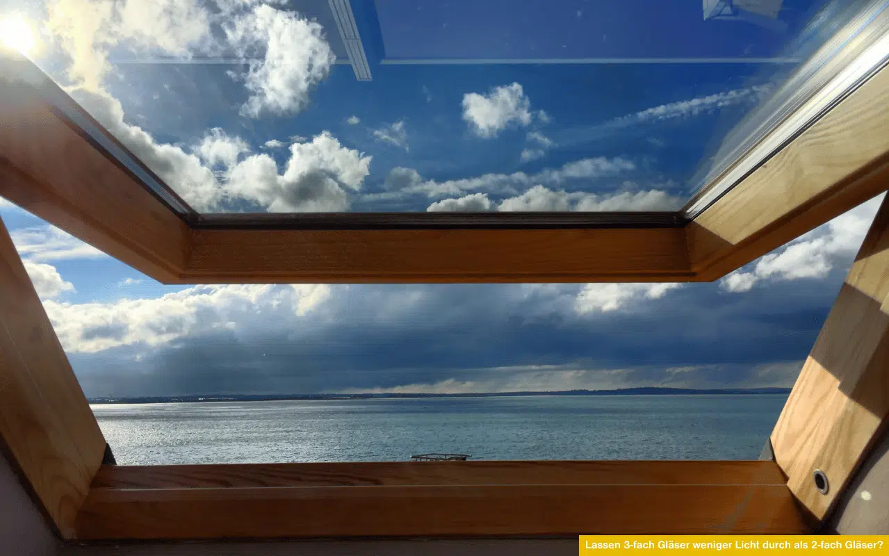 Lassen 3-fach Gläser weniger Licht durch als 2-fach Gläser zeigt Ausblick durch modernes Dachfenster mit klarer Mehrfachverglasung auf See.