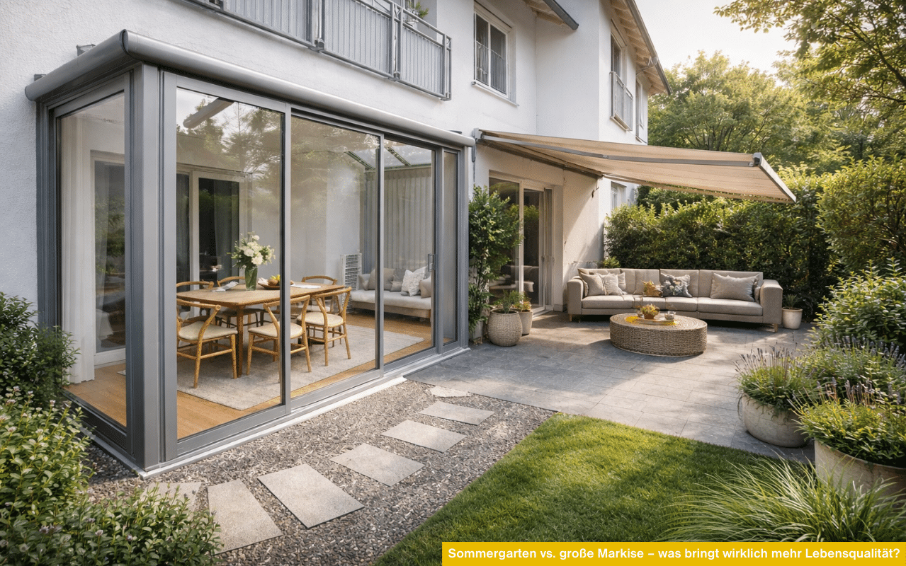 Moderner Außenbereich mit Glaskonstruktion und Markisenbeschattung über einer stilvollen Garten-Lounge bei Tageslicht