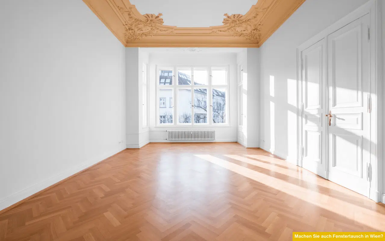 Machen Sie auch Fenstertausch in Wien? Helle Altbauwohnung mit großen Fenstern und Stuckdecke zeigt Möglichkeiten des Fenstertauschs.