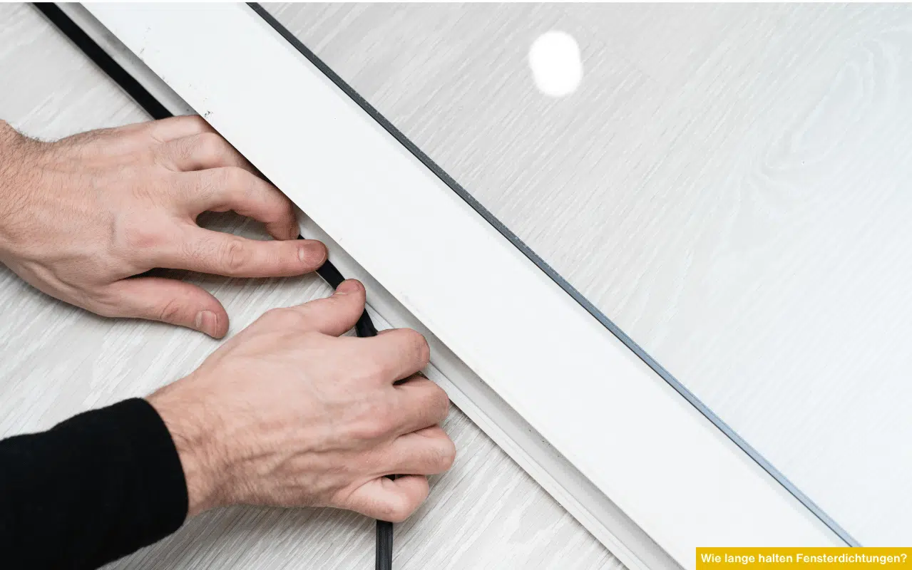 Hand montiert schwarze Gummidichtung an weißem Fensterrahmen – Wie lange halten Fensterdichtungen bei richtiger Pflege und Witterungseinfluss