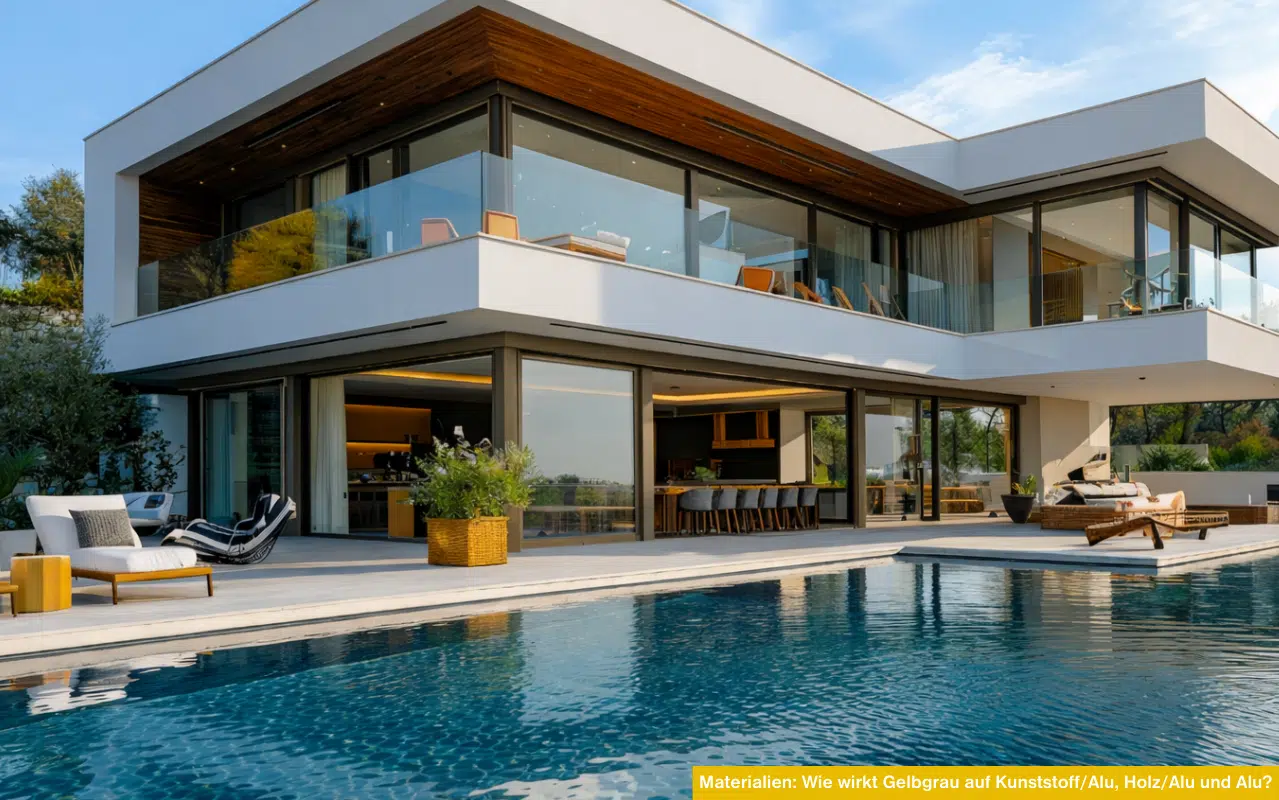 Materialien Wie wirkt Gelbgrau auf Kunststoff Alu Holz Alu und Alu Moderne Villa mit grossen Glasflaechen und Alurahmen