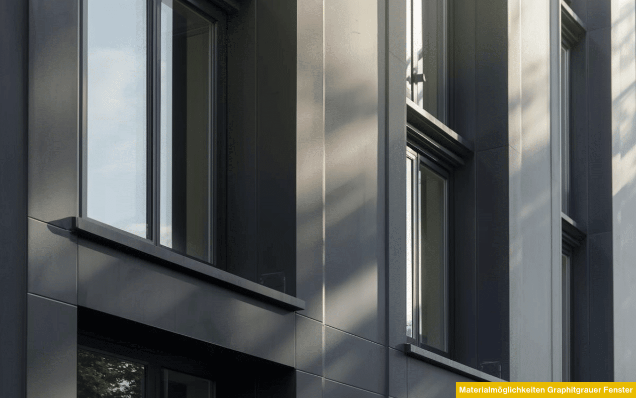 Materialmöglichkeiten Graphitgrauer Fenster zeigt moderne Fassade mit graphitgrauen Aluminiumfenstern in klarer Architektur und edler Farbwirkung