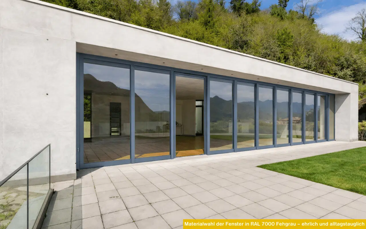 Materialwahl der Fenster in RAL 7000 Fehgrau – ehrlich und alltagstauglich Große Glasfront mit Fehgrau-Rahmen