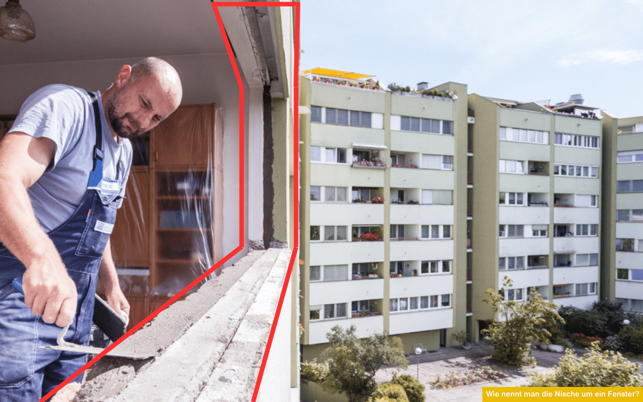 Maurer beim Verputzen einer Fensterlaibung - Wie nennt man die Nische um ein Fenster bei der Vorbereitung zur Fenstermontage?