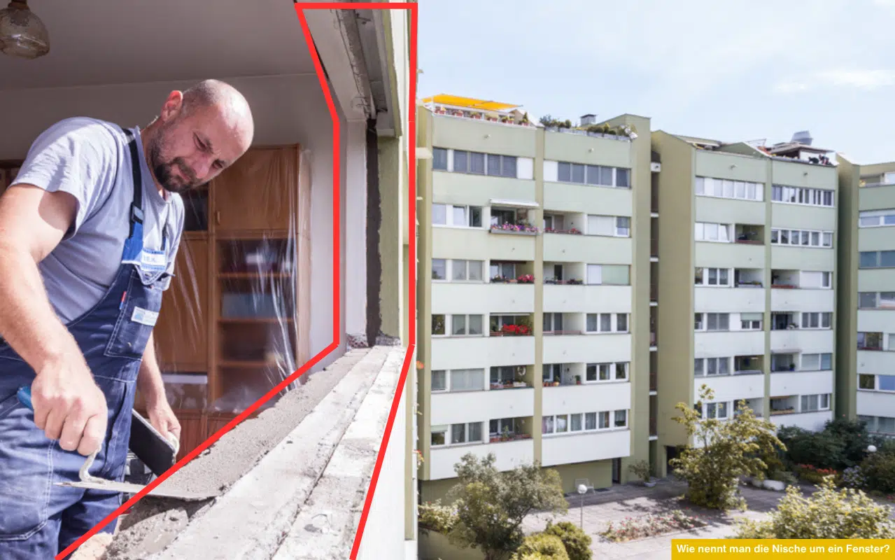Maurer beim Verputzen einer Fensterlaibung – Wie nennt man die Nische um ein Fenster bei der Vorbereitung zur Fenstermontage?