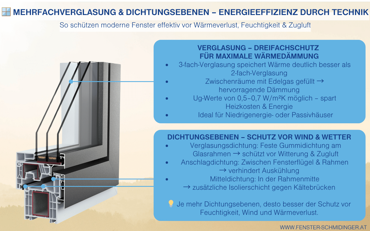 Mehrfachverglasung und moderne Dichtungsebenen bei Doppelflügelfenstern sorgen für optimale Wärmedämmung und Schutz vor Wind, Feuchtigkeit und Energieverlust.
