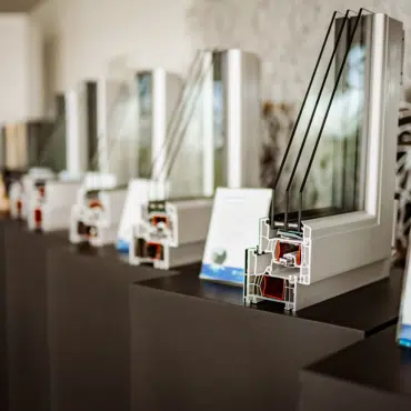 Querschnitt von Fensterprofilen mit Mehrkammersystem und Dreifachverglasung in einer Ausstellung auf dunklen Sockeln.
