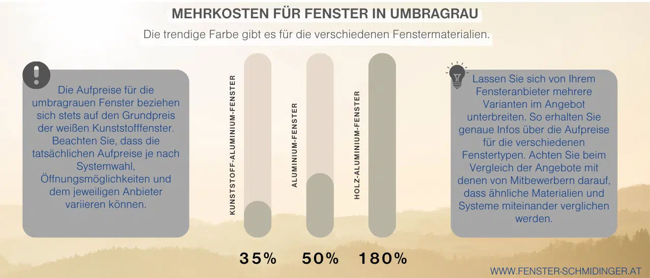 Infografik zeigt zusätzliche Kosten für umbra-graue Fenster im Vergleich zu Standardfenstern.