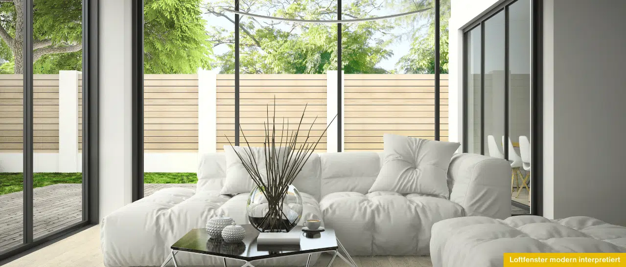 Moderne große Loftfenster aus Aluminium mit filigranen Profilen und geradlinigem Design für individuelle Gestaltung im Industrial-Stil.