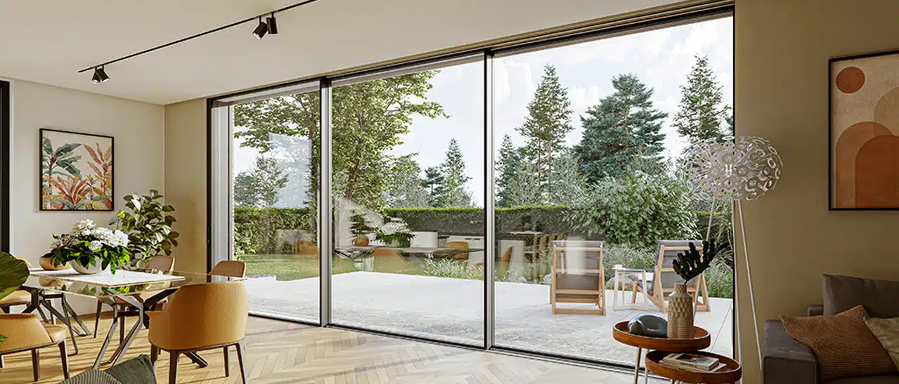 Innenansicht von Sunflex Schiebefenstern mit schmalen Profilen.