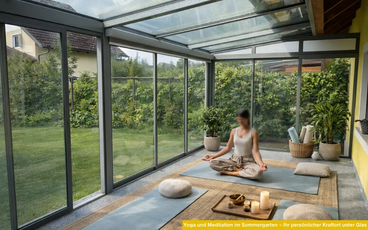 Moderner Glasanbau als Yoga-Raum genutzt, mit Blick ins Grüne und hochwertiger Ausstattung für Meditation.
