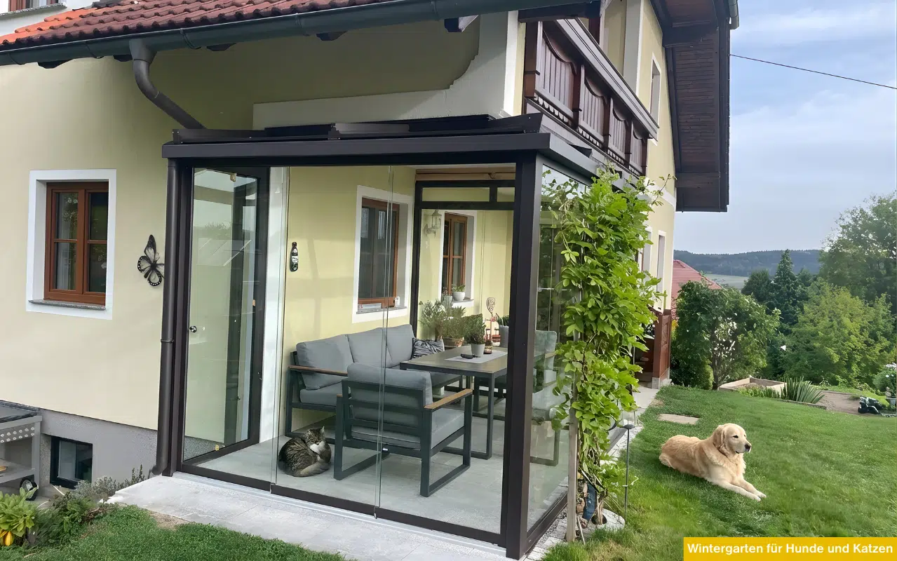 Moderner Sommergarten mit Schiebeelementen aus Glas an gelber Hausfassade, Haustiere nutzen den Innen- und Außenbereich.