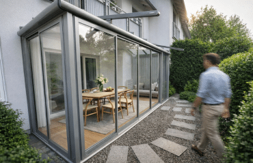 Moderner Glas-Wintergarten mit Esstisch und Stühlen, davor ein Steinpfad im Garten und eine vorbeigehende Person.