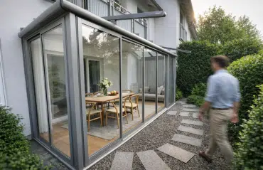Moderner Glas-Wintergarten mit Esstisch und Stühlen, davor ein Steinpfad im Garten und eine vorbeigehende Person.