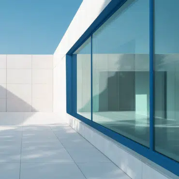 Das Bild zeigt eine moderne, minimalistische Fassade mit einem großen, bodentiefen Fenster in der Farbe RAL 5010 Enzianblau. Das kräftige Blau setzt einen klaren Akzent zur hellen Gebäudewand.